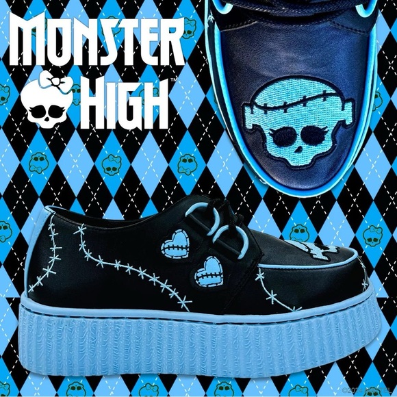 **SOLD** Size 10 Monster High x YRU Creep Frankie Stein Black Blue Platforms - Picture 1 of 11